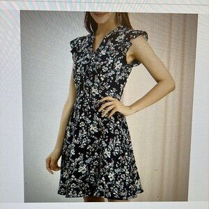 Allegra K Womens S Navy Flutter Sleeve Ruffle A-Line Flowy Chiffon Dress Floral